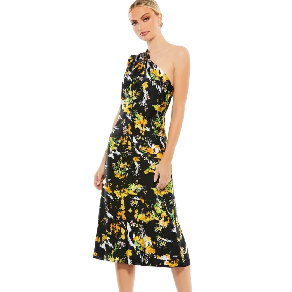 Ieena For Mac Duggal 55630 One Shoulder Black Floral Dress Size 12 MSRP $348